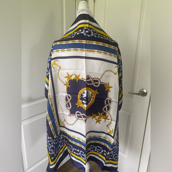 Carolina Herrera 100% silk women’s nautical print blue gold scarf - Picture 6 of 10